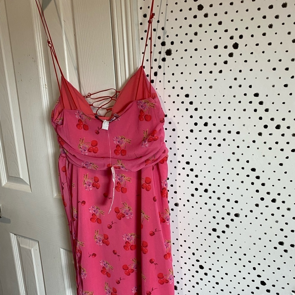 Urban Outfitters Bright Side Lace-Up pink floral cherry Mini Dress sz M nwt - Picture 10 of 14